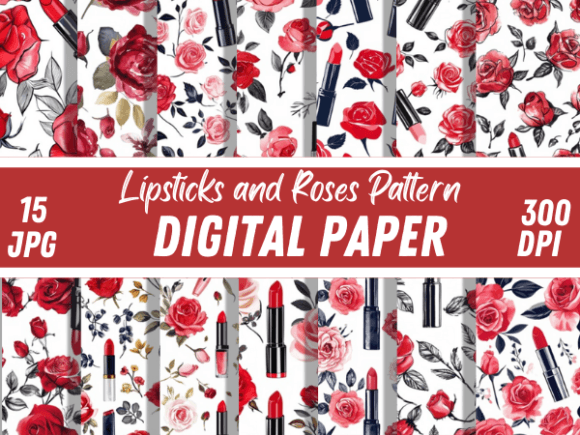 Download Lipsticks &amp; Roses Digital Paper Pattern - Premium Resources