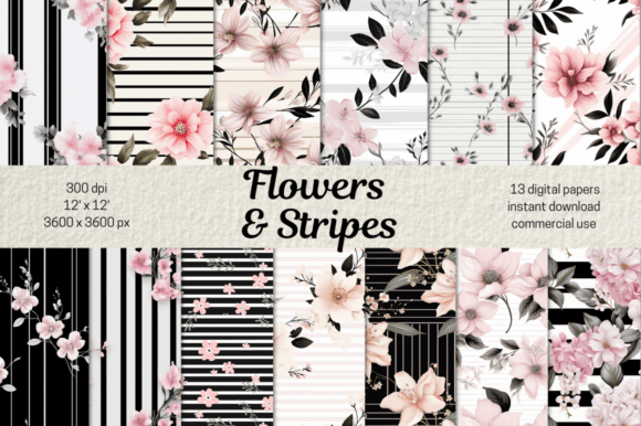 Download Pink Flowers &amp; Black Stripes Background - Stripes Collection